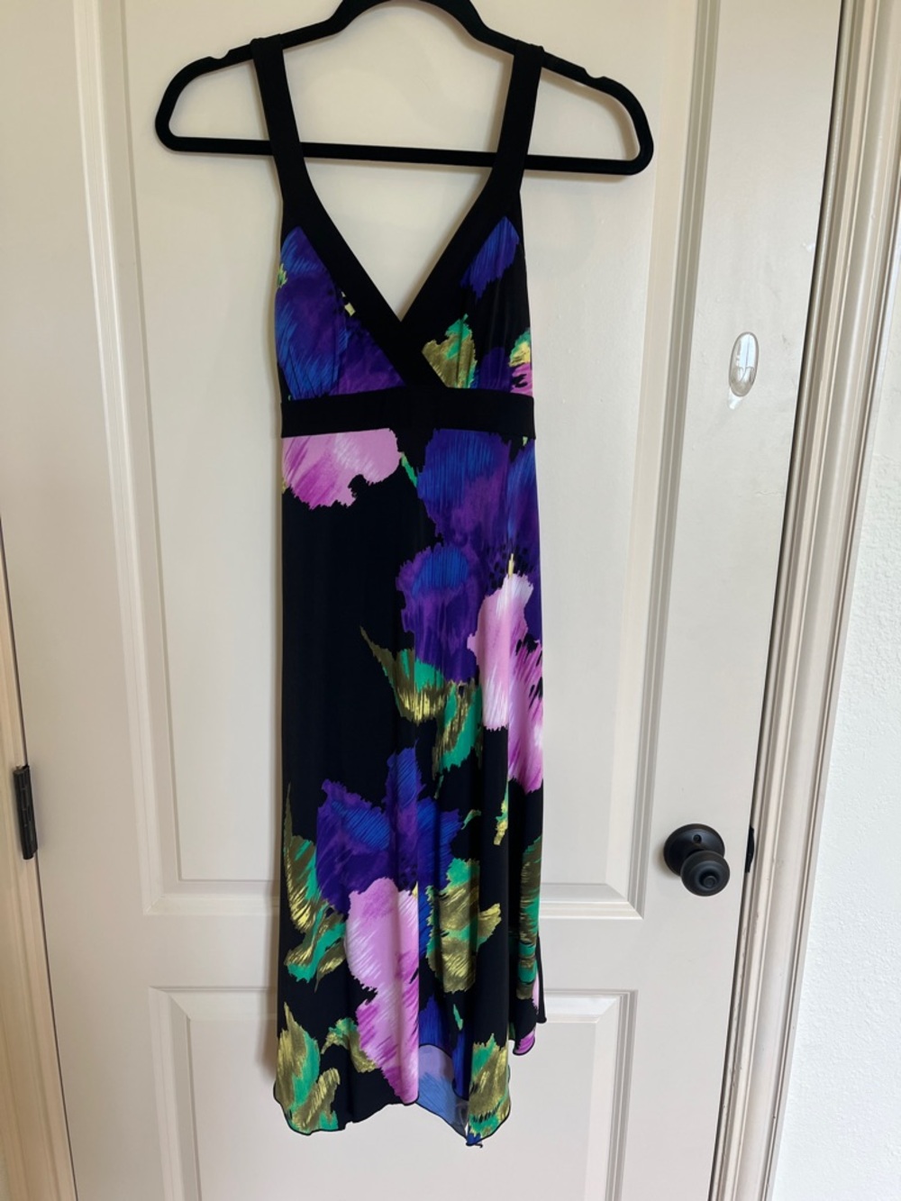 Black Floral V-Neck Midi Dress with Purple & Green Accents